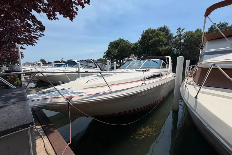 Slide: The Image of 1989 Sea Ray Sundancer 280 docked at marina, surrounded by other boats and trees. - 3
