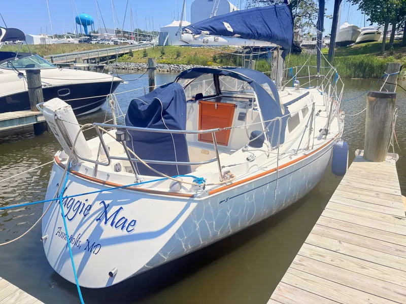 Slide: The Image of A 1987 Sabre 30 MK III docked, featuring blue covers and a white deck. - 36
