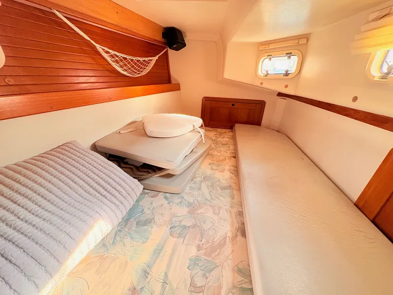 Slide: The Image of Interior of a 1994 Catalina 42 with cozy cushions and wood paneling. - 39