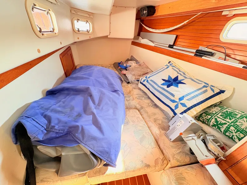 Slide: The Image of The cabin of a 1994 Catalina 42 with cozy pillows and blankets. - 34