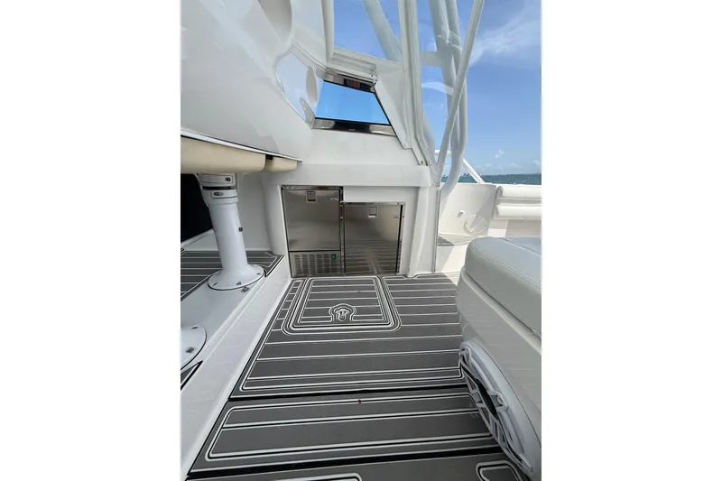 Slide: The Image of 2017 Intrepid 430 Sport Yacht interior with sleek flooring and modern design. - 48