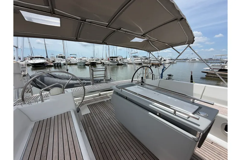 Slide: The Image of 2017 Beneteau Oceanis 45 yacht cockpit with dual steering wheels, docked at marina. - 21