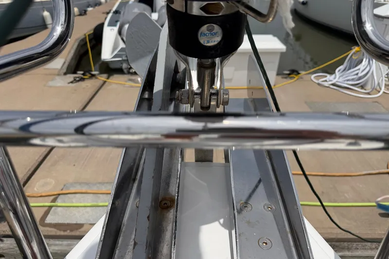 Slide: The Image of Close-up of a 2017 Beneteau Oceanis 45 yacht's bow with anchor detail. - 14