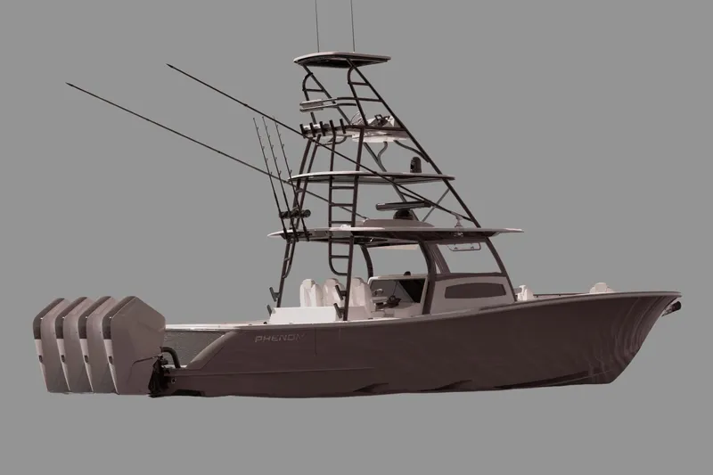 The Image of 2027 Phenom 43 Center Console boat with multiple outboard engines and sleek design. - 0
