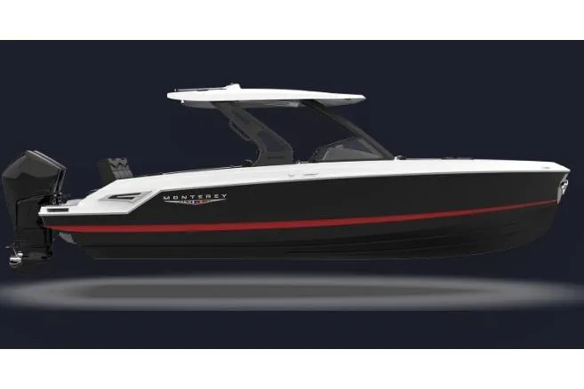 Slide: The Image of 2027 Monterey Elite 30 OB boat with sleek black and red design, side view. - 0