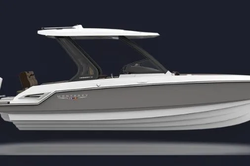 Slide: The Image of 2027 Monterey Elite 25 OB boat, sleek design, gray and white exterior, modern features. - 0