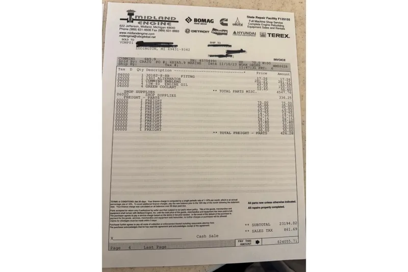 Slide: The Image of Invoice from Midland Engine detailing parts and services for a 1996 Willard Marine Sea Force 730. - 37