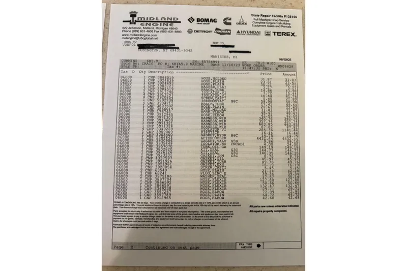 Slide: The Image of Invoice from Midland Engine with itemized parts list and pricing details. - 36