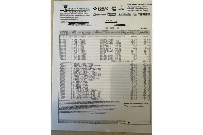 Slide: The Image of Invoice from Midland Engine for Willard Marine Sea Force 730, dated 11/10/23. - 35