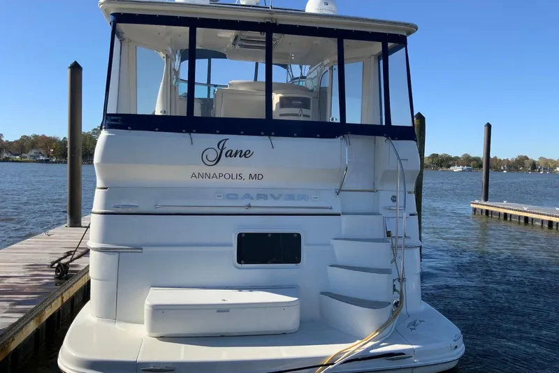 Slide: The Image of 2005 Carver 466 Motor Yacht docked in Annapolis, MD, rear view. - 3