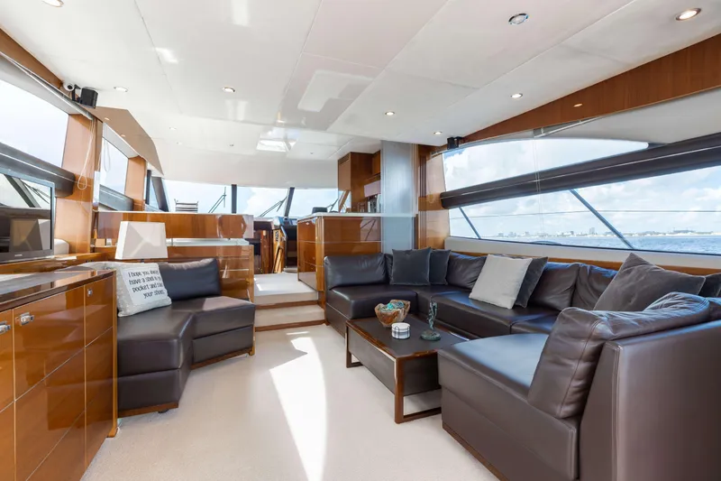 Slide: The Image of Luxurious interior of 2012 Princess 60 yacht with leather seating and panoramic windows. - 19