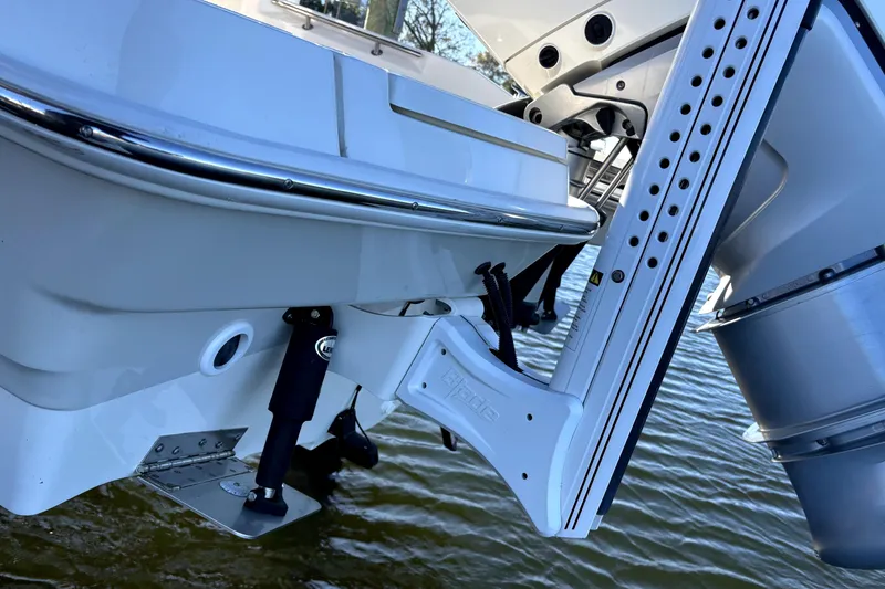 Slide: The Image of 2022 Boston Whaler 250 Dauntless boat engine and trim tab detail. - 18