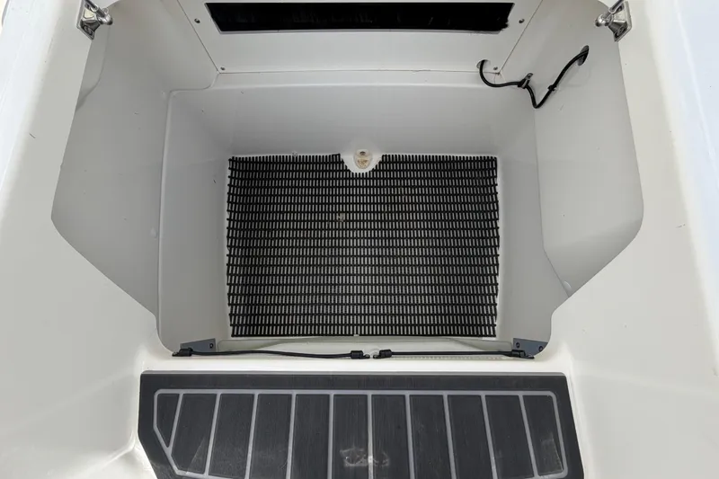 Slide: The Image of 2022 Boston Whaler 250 Dauntless storage compartment with black mat and drainage system. - 44