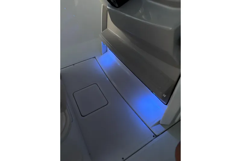 Slide: The Image of Interior view of 2022 Boston Whaler 250 Dauntless with blue LED lighting. - 24