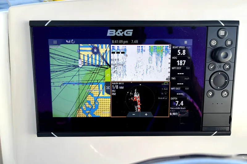 Slide: The Image of B&G navigation display on 2022 Boston Whaler 250 Dauntless, showing maps and boat speed. - 25