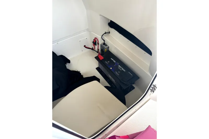 Slide: The Image of Battery compartment of 2022 Boston Whaler 250 Dauntless boat, featuring wiring and storage space. - 39