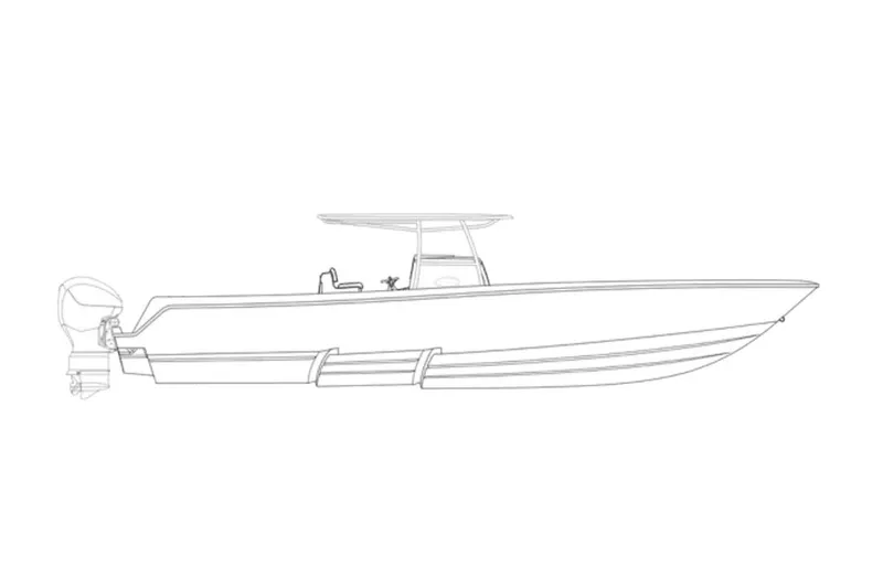 Slide: The Image of Line drawing of a 2027 Contender 44 CB boat, side view with outboard motor. - 0
