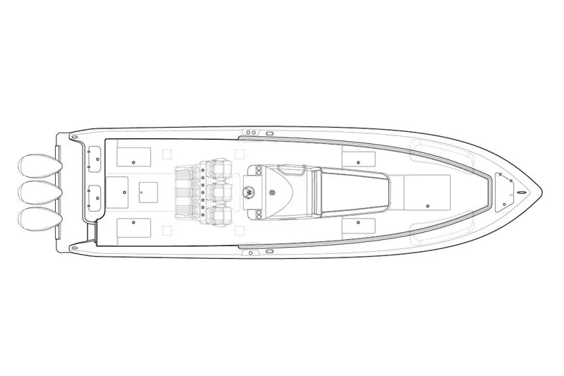 Slide: The Image of Manufacturer Provided Image: Top view schematic of 2026 Contender 44 CB boat with triple engines. - 12
