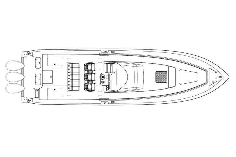 Slide: The Image of Manufacturer Provided Image: Top view schematic of 2026 Contender 44 Fisharound boat layout with triple engines. - 12