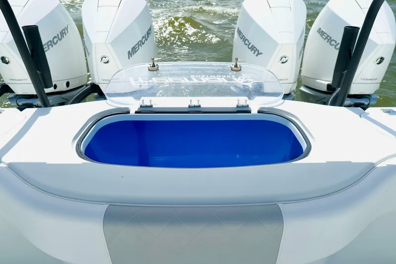 Slide: The Image of 2024 Freeman 38 boat with Mercury engines and open livewell on the deck. - 22
