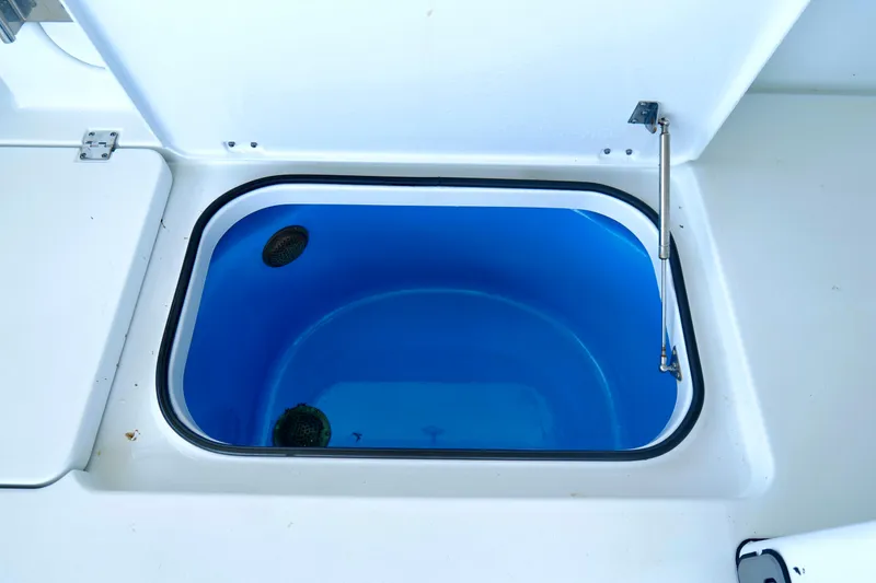 Slide: The Image of Open livewell compartment on a 2024 Freeman 38 boat, featuring a blue interior. - 24