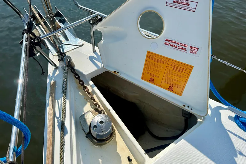 Slide: The Image of Beneteau Oceanis 40 sailboat anchor locker with chain and windlass, 2010 model. - 28