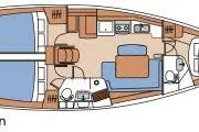 Slide: The Image of Floor plan of a 2010 Beneteau Oceanis 40 sailboat, featuring cabin and galley layout. - 36