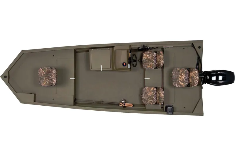 Slide: The Image of Top view of a 2024 Tracker Grizzly 1754 SC boat with three seats and an outboard motor. - 13
