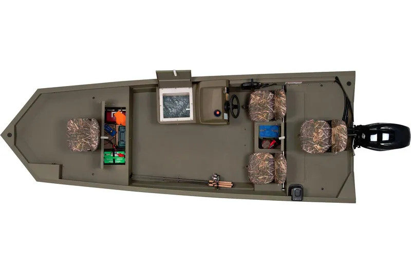 Slide: The Image of Overhead view of a Tracker Grizzly 1754 SC boat with camouflage seats and fishing gear. - 14