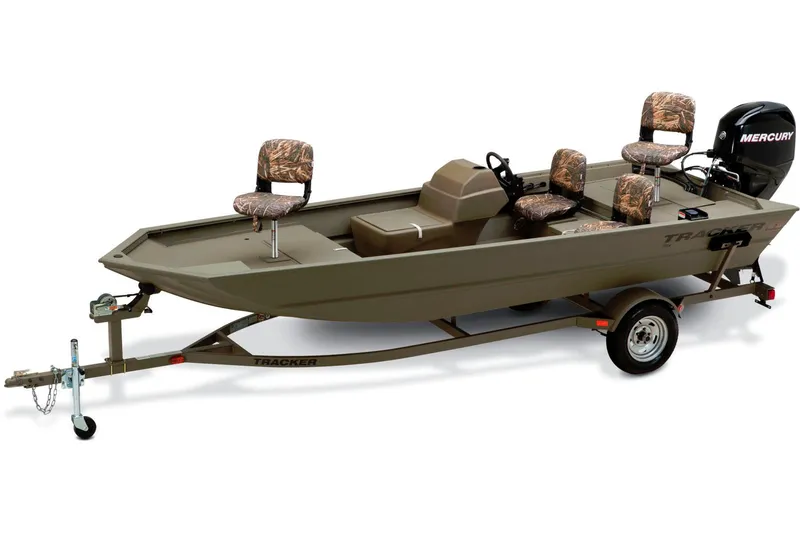 Slide: The Image of The image shows a 2024 Tracker Grizzly 1754 SC boat on a trailer. It features an olive green color and three cushioned seats. - 15