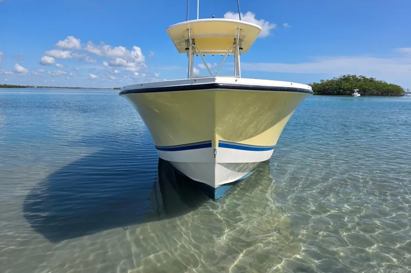 Slide: The Image of 2002 Regulator 26 Center Console boat in clear shallow water, under a bright blue sky. - 3