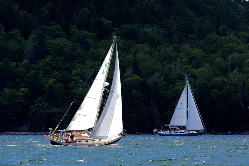 Slide: The Image of Sailboats on a lake with lush forest backdrop, featuring a 1981 Morris Leigh 30. - 38