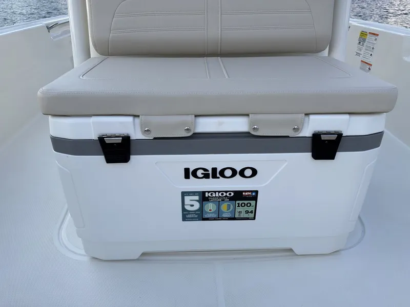 Slide: The Image of An Igloo cooler on a Boston Whaler 210 Montauk boat, featuring a beige seat cushion. - 20