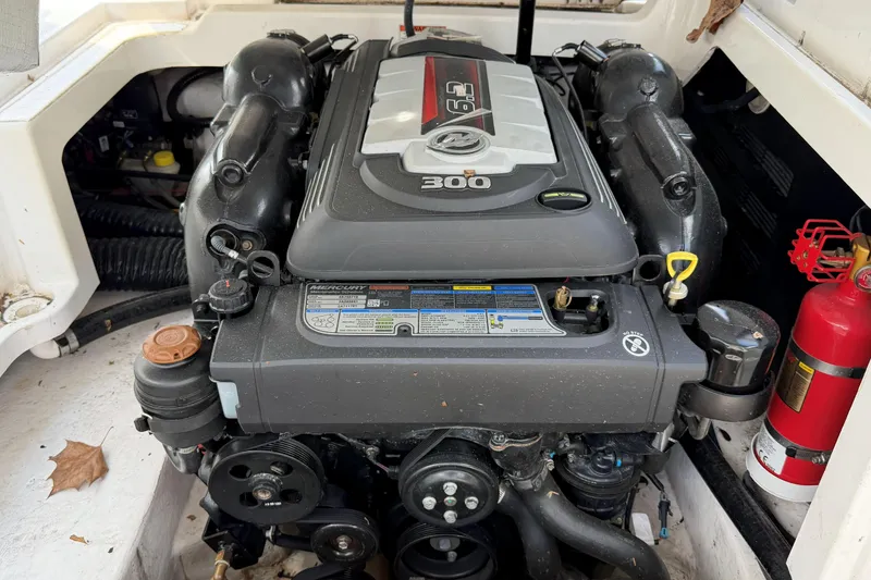 Slide: The Image of Engine compartment of a 2022 Monterey M4 boat with a Mercury 300 horsepower engine. - 15