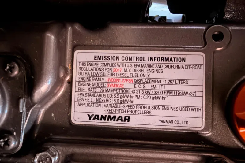 Slide: The Image of Emission control label on a 2018 Beneteau Oceanis 35.1 Yanmar engine. - 70