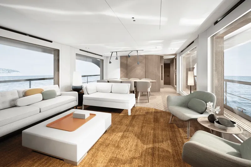 Slide: The Image of Luxurious salon with modern furniture, large windows, and sea view on an Azimut Grande 26M yacht. - 40