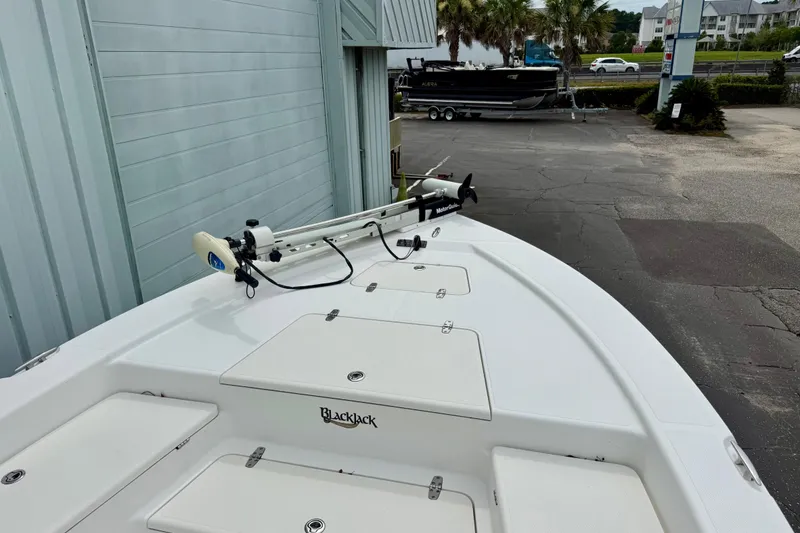 Slide: The Image of 2005 BlackJack 224 boat with trolling motor, docked near a building. - 6
