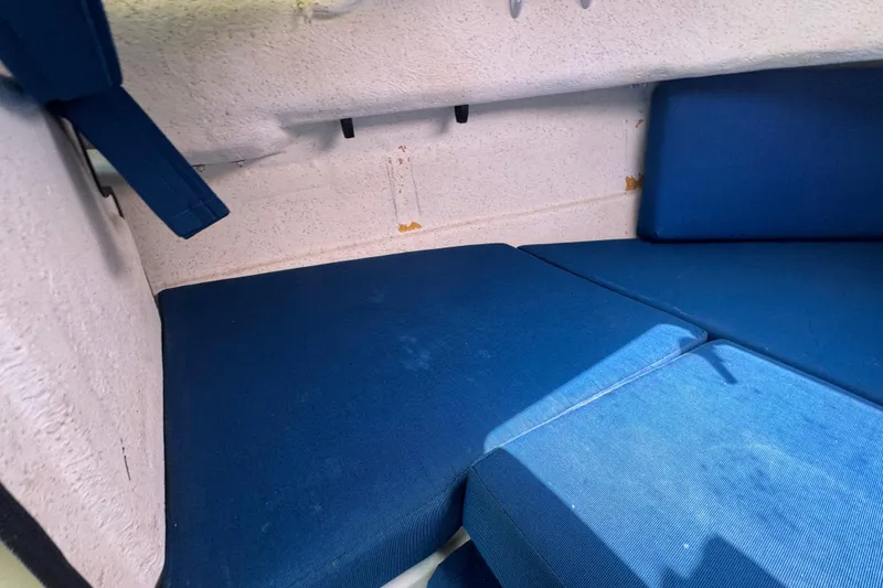 Slide: The Image of Interior cabin of a 2013 C-Dory 22' Cruiser with blue cushions. - 41
