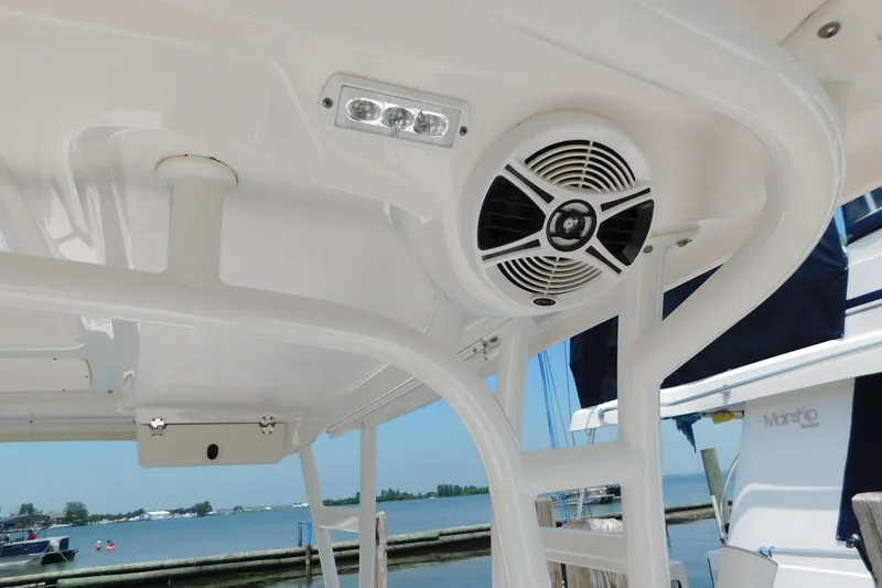 Slide: The Image of 2018 Robalo R247 Dual Console boat interior with speaker and LED light. - 24