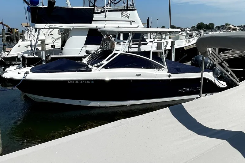 Slide: The Image of 2018 Robalo R247 Dual Console boat docked at a marina, featuring sleek design and Yamaha engines. - 76