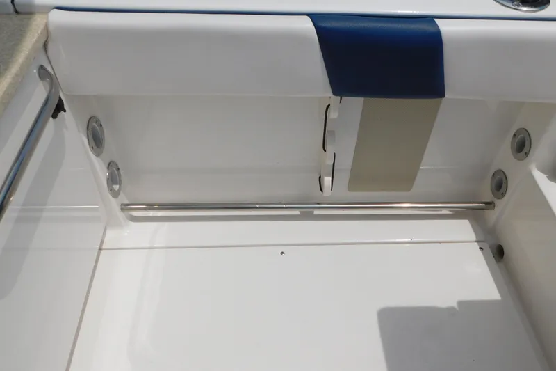 Slide: The Image of 2018 Robalo R247 Dual Console boat interior with stainless steel rail and seating area. - 44