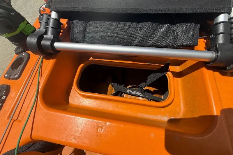 Slide: The Image of Orange OldTown Sportsman PDL 106 kayak seat and storage compartment, 2023 model. - 6