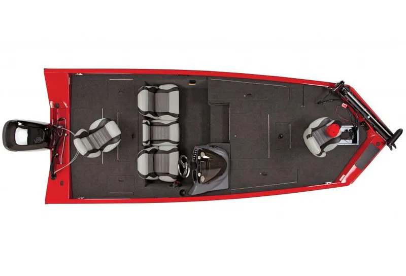 Slide: The Image of Manufacturer Provided Image: 2014 Lowe Stinger 18 HP boat, top view, red exterior, gray interior seats. - 7