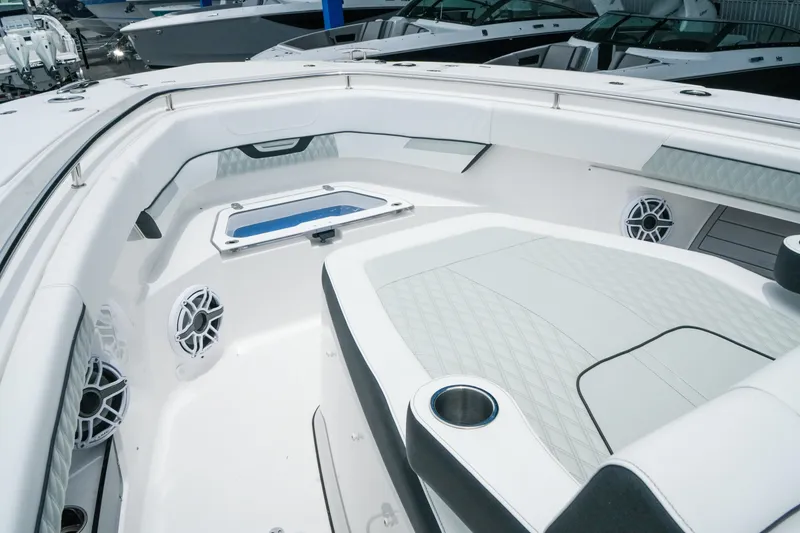 Slide: The Image of 2025 Blackfin 400 CC boat interior with sleek seating and modern design features. - 20