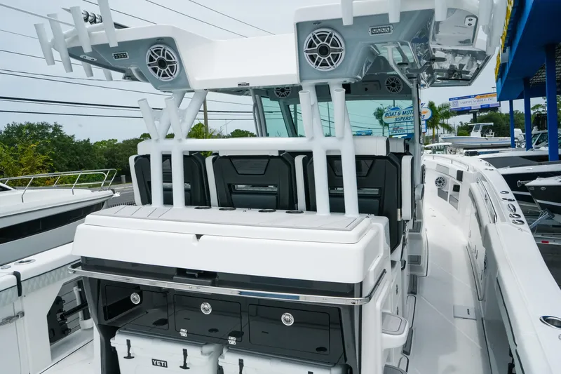 Slide: The Image of 2025 Blackfin 400 CC boat interior with seating and storage compartments. - 10