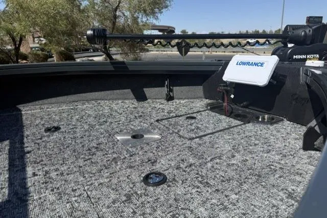 Slide: The Image of 2026 Ranger VX1888 WT boat deck with Minn Kota trolling motor and Lowrance electronics. - 7