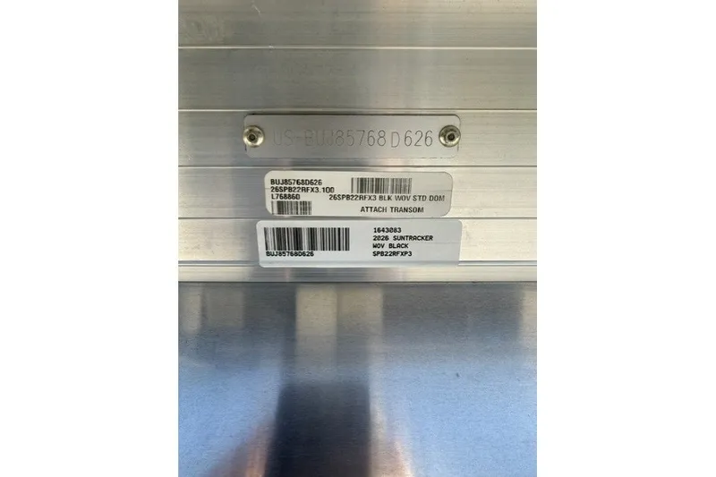 Slide: The Image of 2026 Sun Tracker Party Barge 22 RF XP3 identification labels and serial numbers. - 13