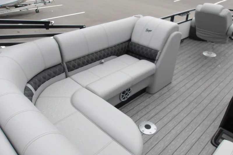 Slide: The Image of Luxurious seating on 2026 Ranger 220F boat with modern design and gray upholstery. - 16
