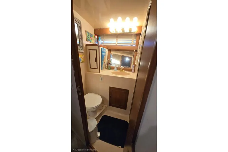 Slide: The Image of Compact bathroom in a 1990 Pace 42 RV with sink, toilet, and mirror. - 57