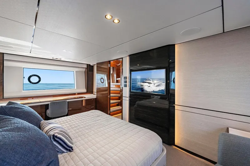 Slide: The Image of Luxurious 2018 Princess Y75 yacht bedroom with ocean view and modern decor. - 28